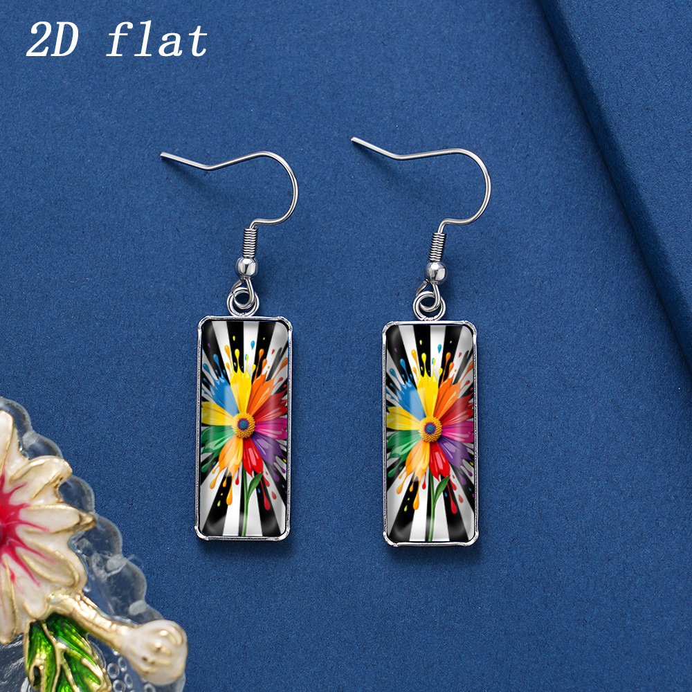 Rainbow Splatter Daisy Pattern Glass Earrings